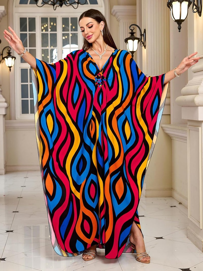 KEYLORTING Women’s Kaftan Beach Cover Up Dress Plus Size Summer Swimsuit Loungewear Maxi Dress - Image 1